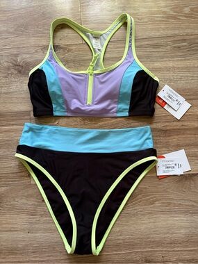 Sports Illustrated Athletic Colorblock Zip-Front Bikini Set Black, purple, Aqua
